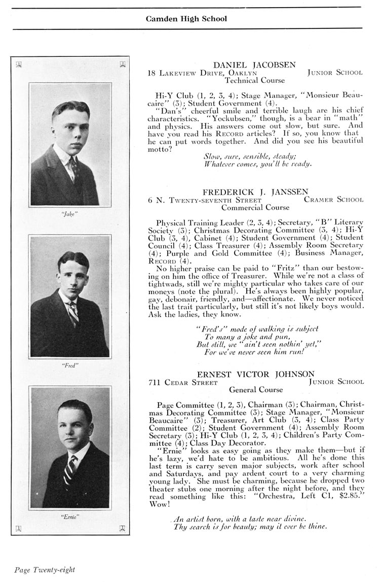 Camden High School 1923 yearbook page 28 — Daniel Jacobsen, Frederick J. Jannsen, Ernest Victor Johnson