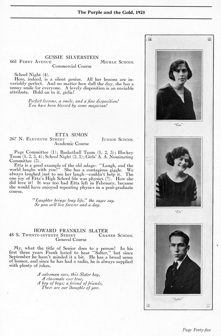 Camden High School 1923 yearbook page 45 — Gussie Silverstein, Etta Simon, Howard Franklin Slater