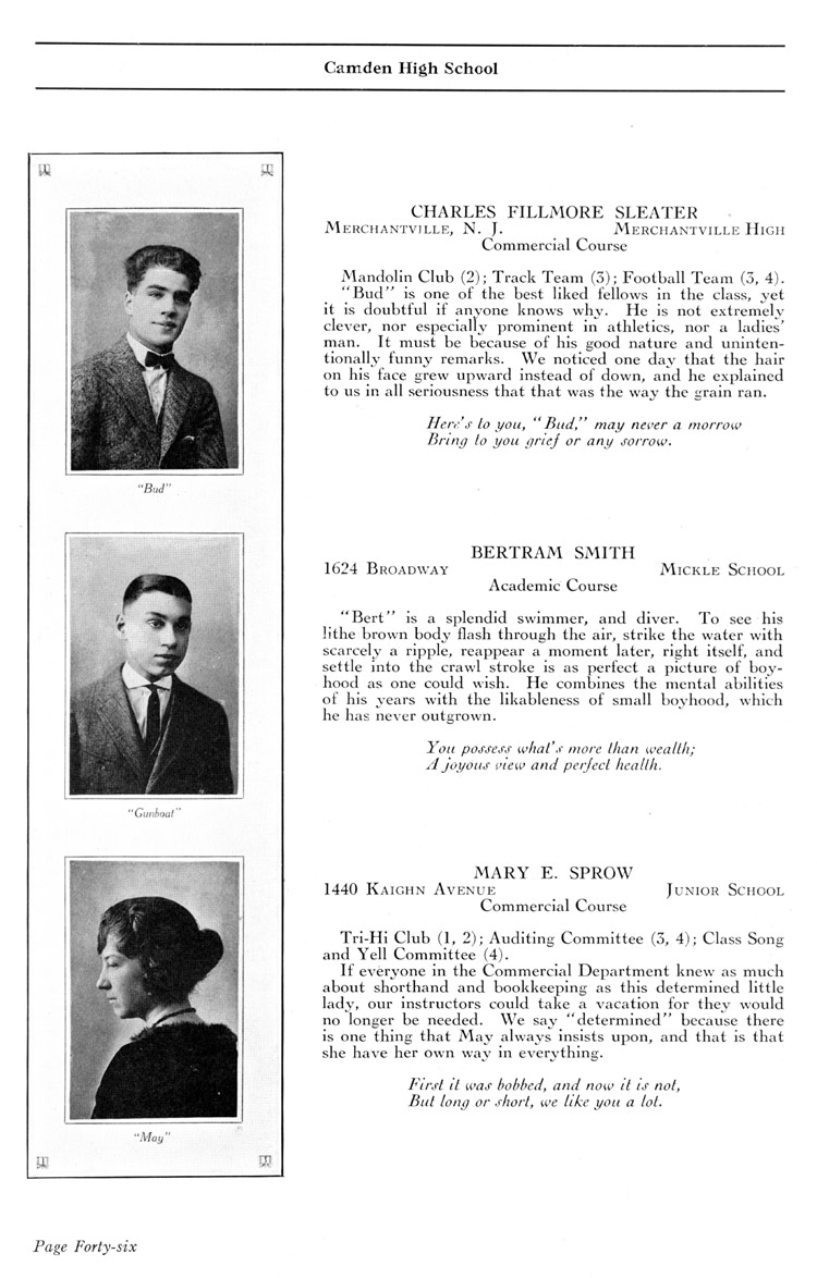 Camden High School 1923 yearbook page 46 — Charles Fillmore Sleater, Bertram Smith, Mary E. Sprow
