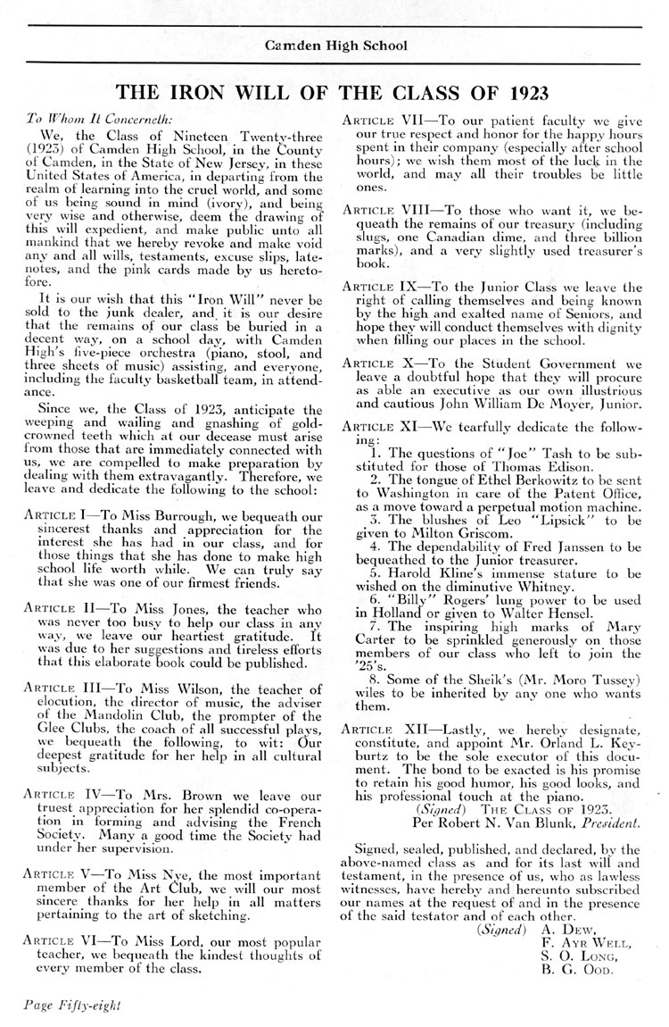Camden High School 1923 yearbook page 58