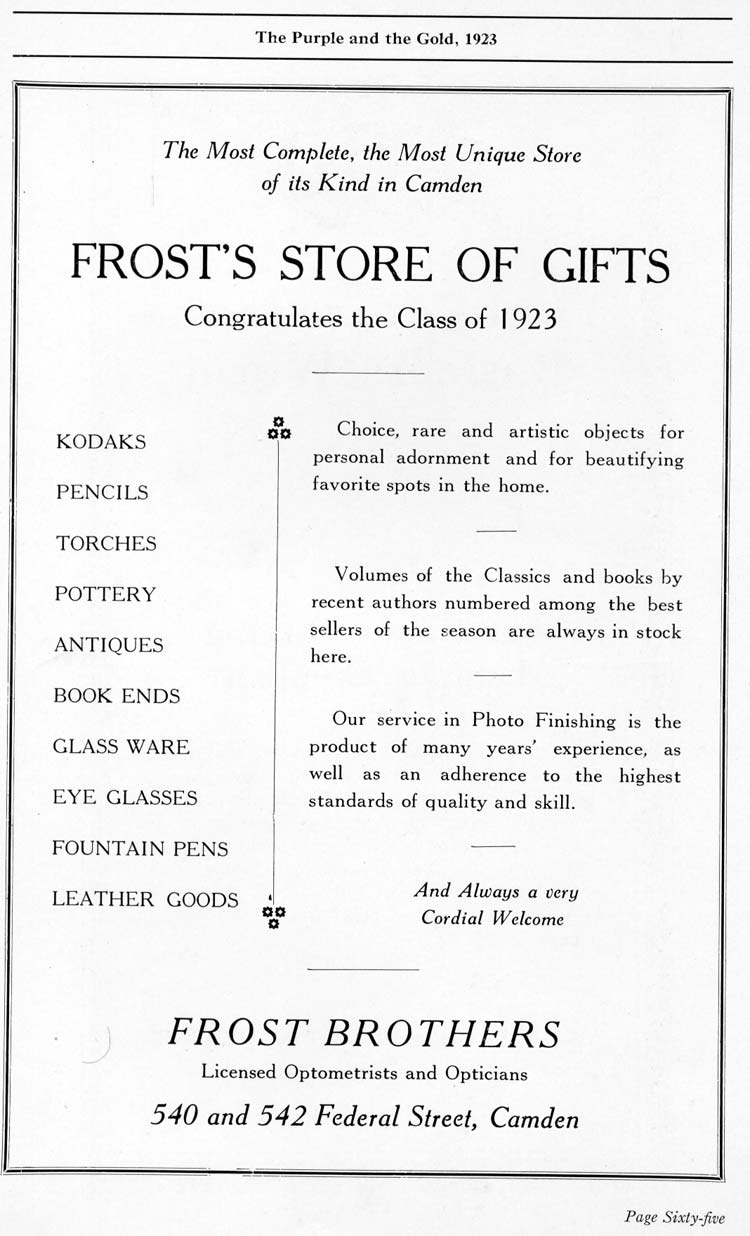 Camden High School 1923 yearbook page 65 — Frost's Store of Gifts, 540–542 Federal Street
