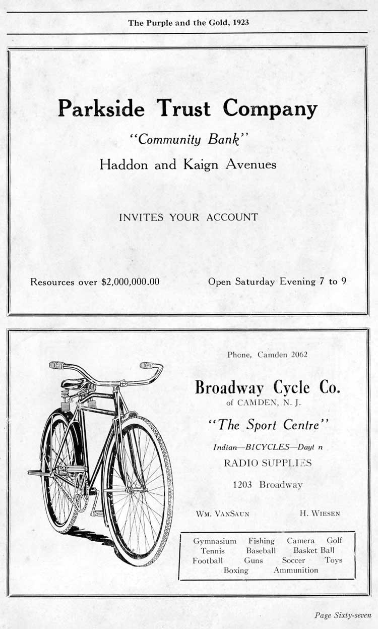 Camden High School 1923 yearbook page 67 — Parkside Trust Company and Broadway Cycle Company advertisements