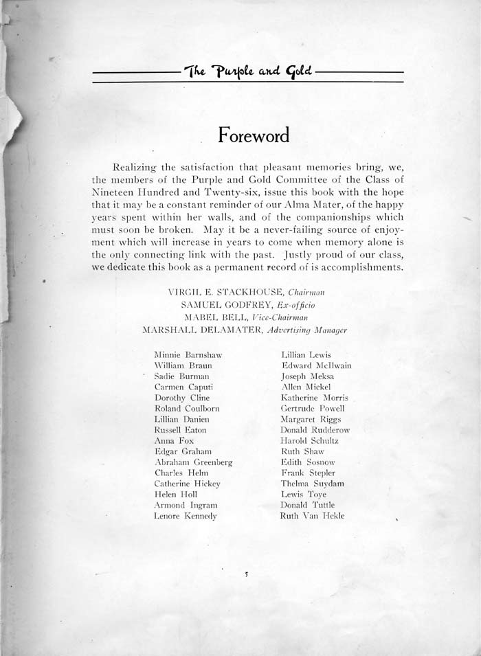 Purple and Gold yearbook title page, 1926