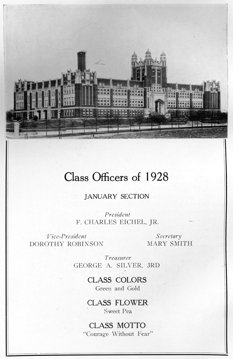 Class officers, colors, flower and motto, January 1928