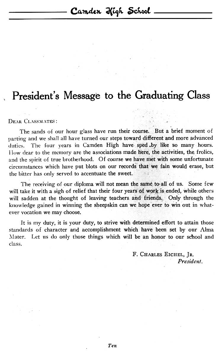 Class President's message to the graduating class, January 1928