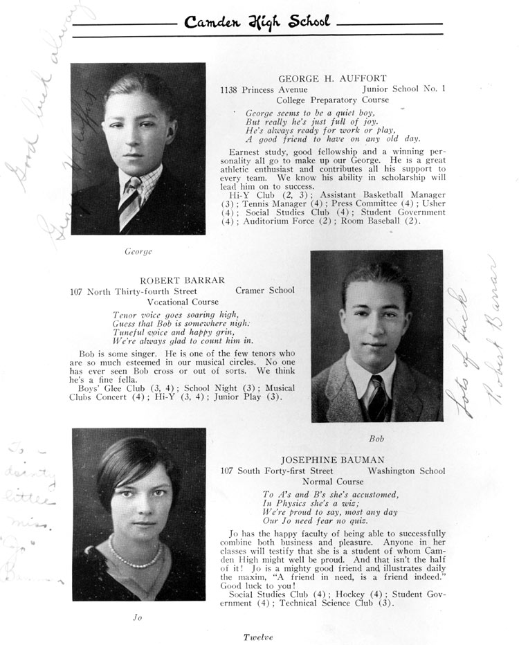 Class portraits page 12: George H. Auffort, Robert Barrar, Josephine Bauman