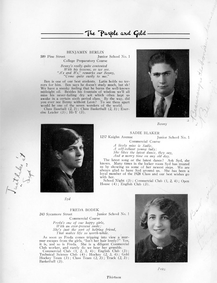 Class portraits page 13: Benjamin Berlin, Sadie Blaker, Freda Bodek