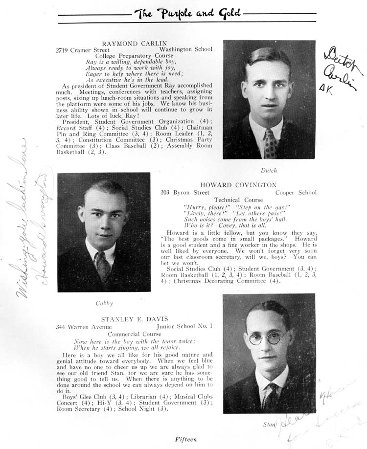 Class portraits page 15: Raymond Carlin, Howard Covington, Stanley E. Davis