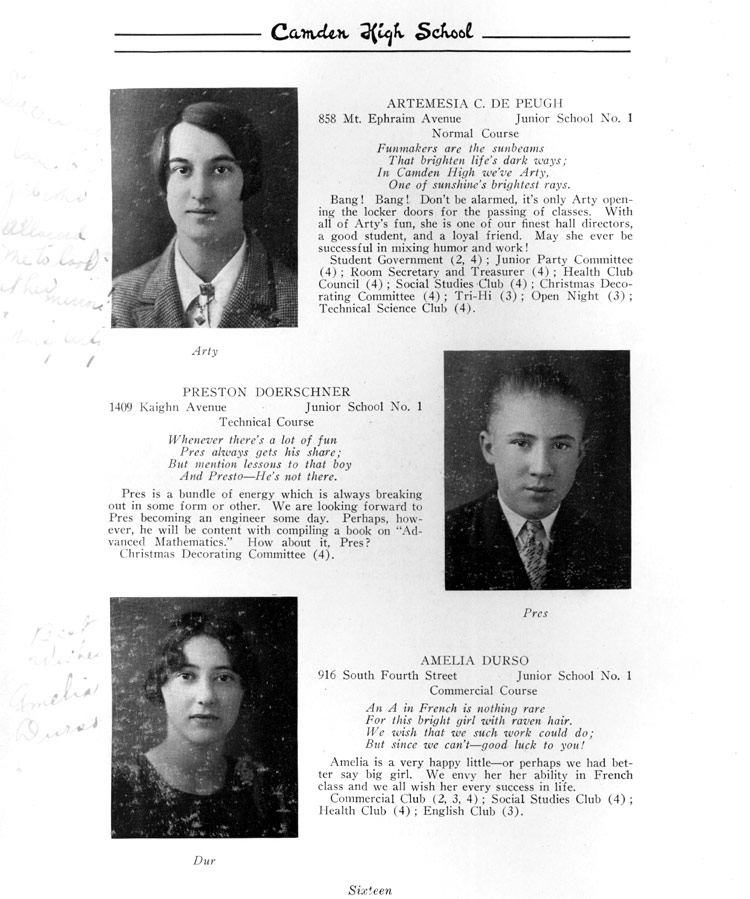 Class portraits page 16: Artemisia C. De Peugh, Preston Doerschner, Amelia Durso