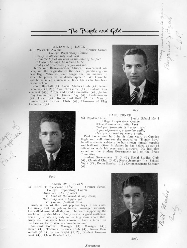 Class portraits page 17: Benjamin J. Dzick, Paul Ebner, Andrew J. Egan