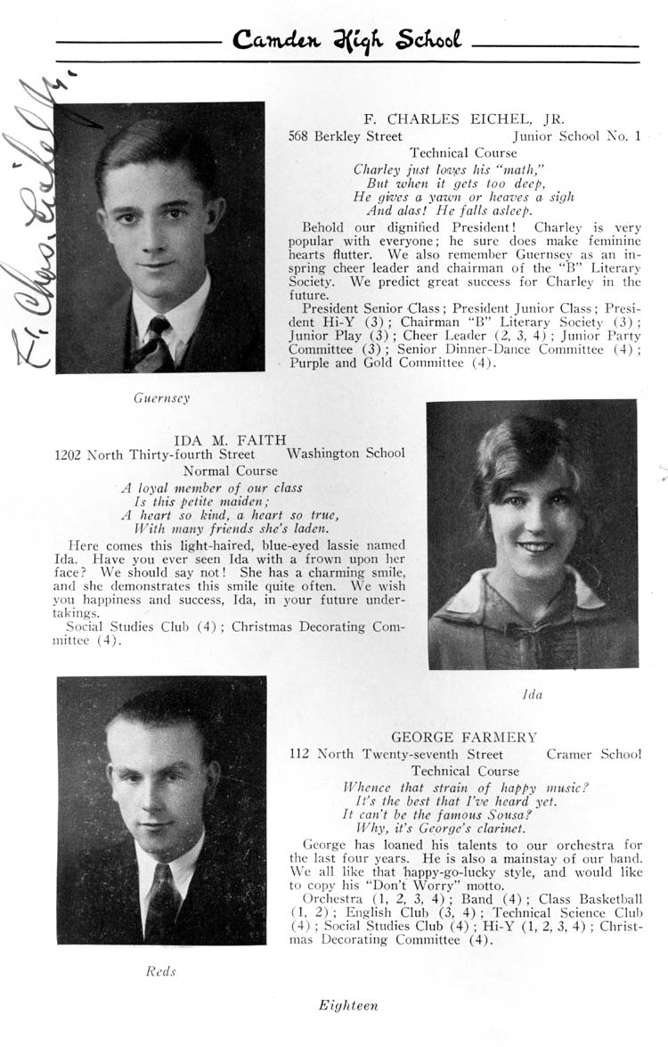 Class portraits page 18: F. Charles Eichel Jr., Ida M. Faith, George Farmery