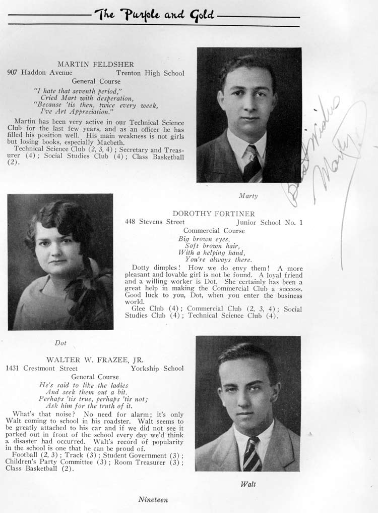 Class portraits page 19: Martin Feldsher, Dorothy Fortiner, Walter W. Frazee Jr.