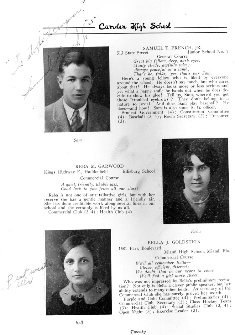 Class portraits page 20: Samuel T. French Jr., Reba M. Garwood, Bella J. Goldstein