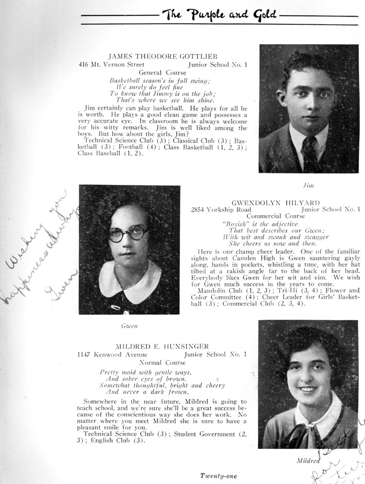 Class portraits page 21: James Theodore Gottlieb, Gwendolyn Hilyard, Mildred E. Hunsiner