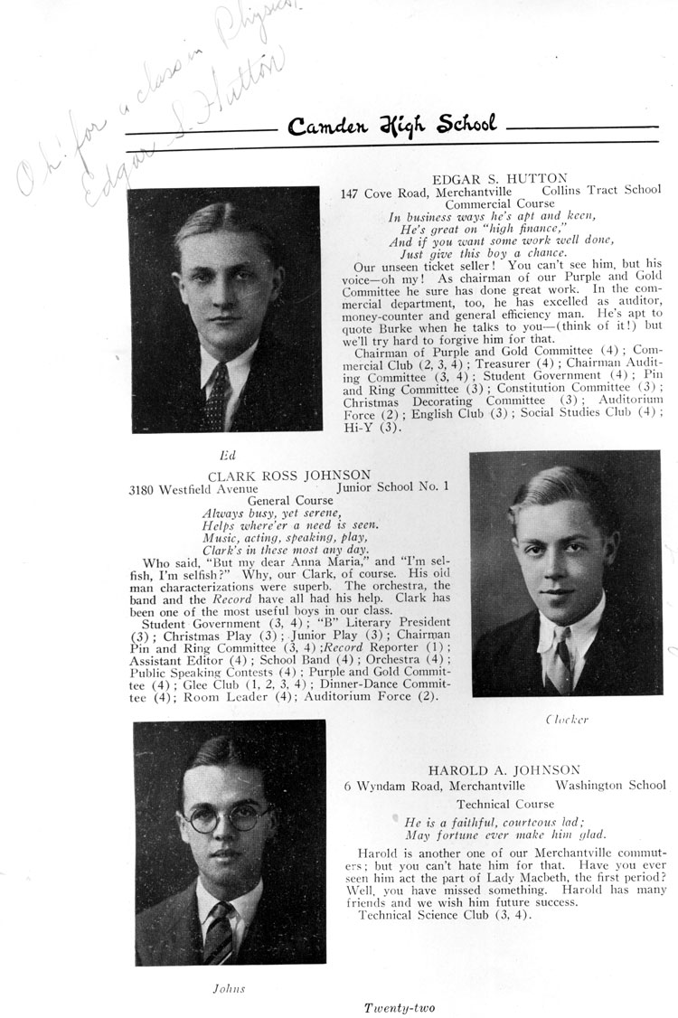 Class portraits page 22: Edgar S. Hutton, Clark Ross Johnson, Harold A. Johnson