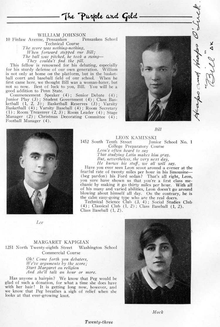Class portraits page 23: William Johnson, Leon Kaminski, Margaret Kapigian