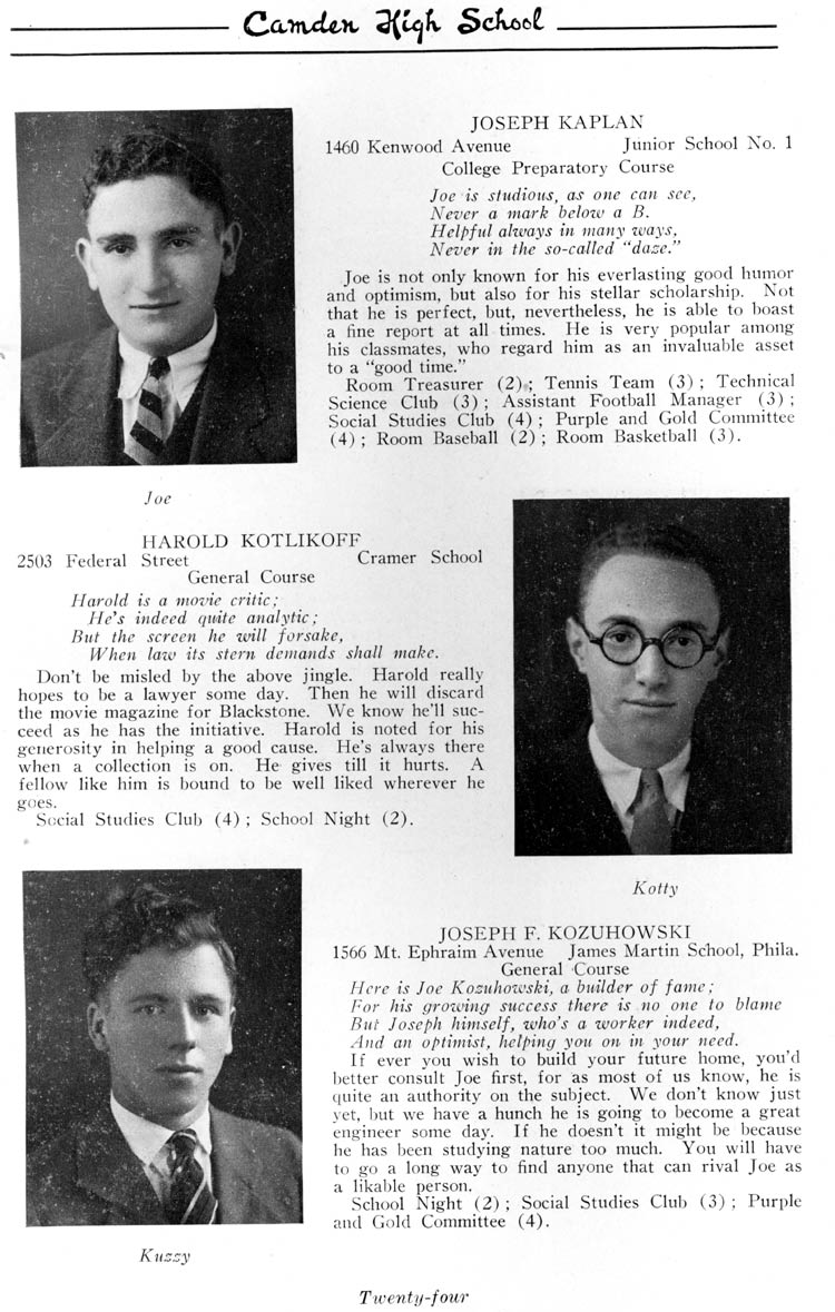 Class portraits page 24: Joseph Kaplan, Harold Kotlikoff, Joseph F. Kozuhowski