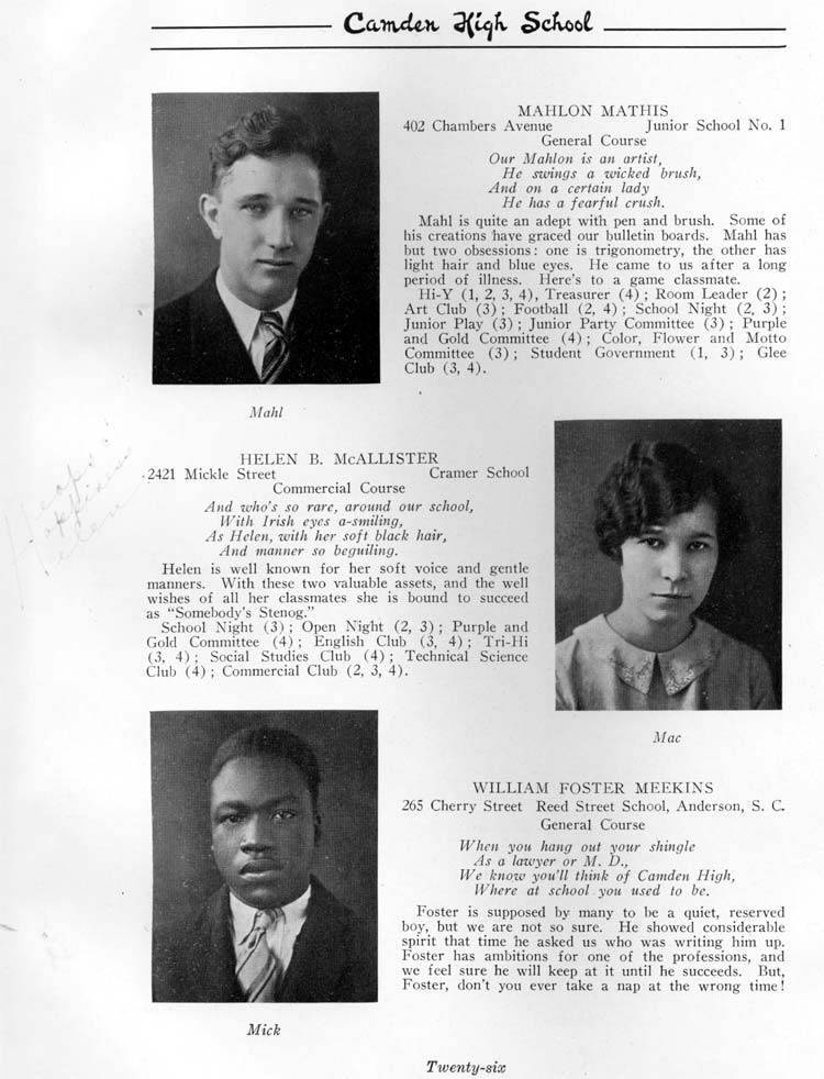Class portraits page 26: Mahlon Mathis, Helen R. McAllister, William Foster Meekins