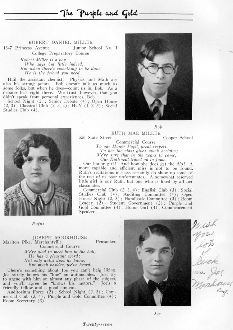 Class portraits page 27: Robert Daniel Miller, Ruth Mae Miller, Joseph Moorhouse