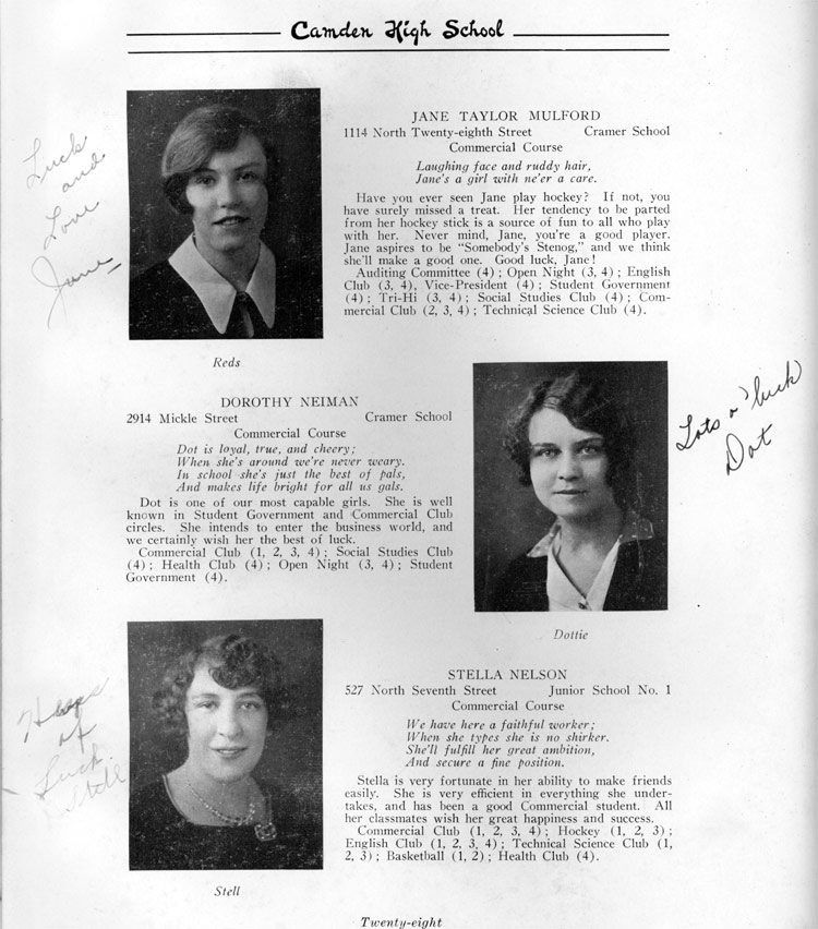 Class portraits page 28: Jane Taylor Mulford, Dorothy Neiman, Stella Nelson