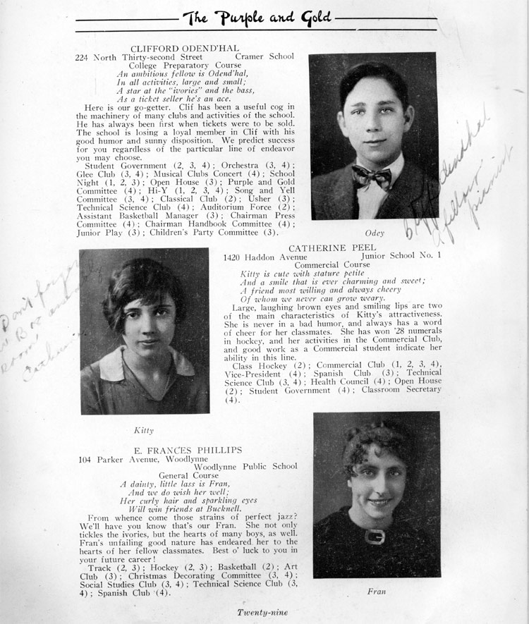 Class portraits page 29: Clifford Odend'hal, Catherine Peel, E. Frances Phillips