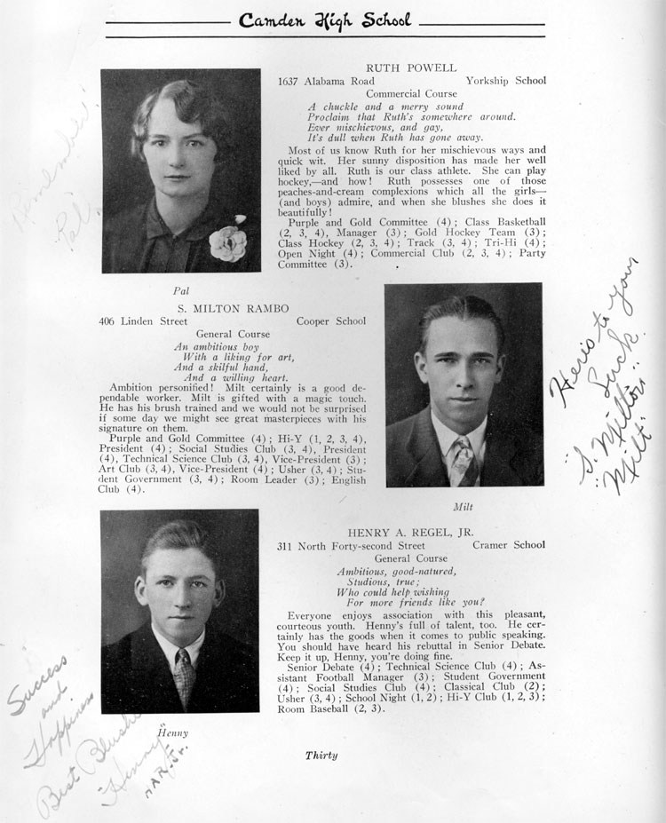 Class portraits page 30: Ruth Powell, S. Milton Rambo, Henry A. Regel Jr.