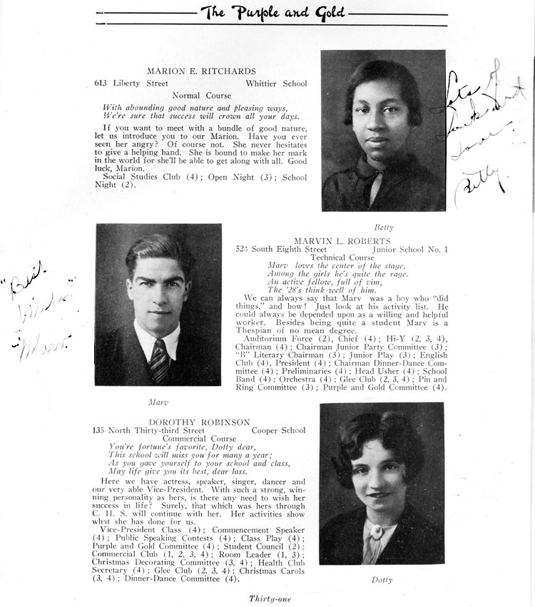 Class portraits page 31: Marion E. Ritchards, Marvin L. Roberts, Dorothy Robinson