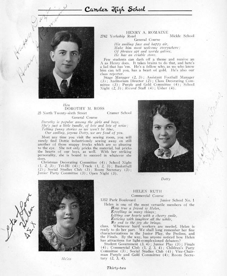 Class portraits page 32: Henry A. Romaine, Dorothy M. Ross, Helen Ruth