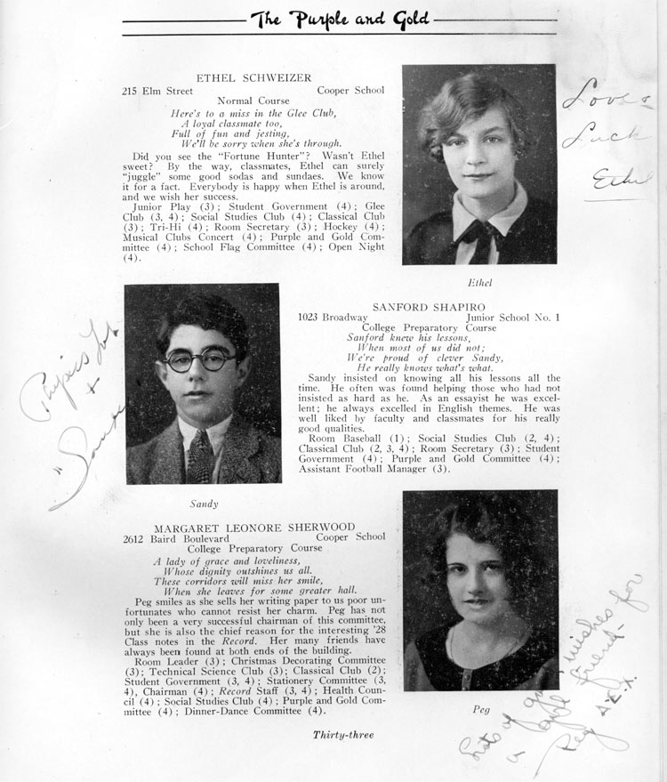 Class portraits page 33: Ethel Schweizer, Sanford Shapiro, Margaret Leonore Sherwood