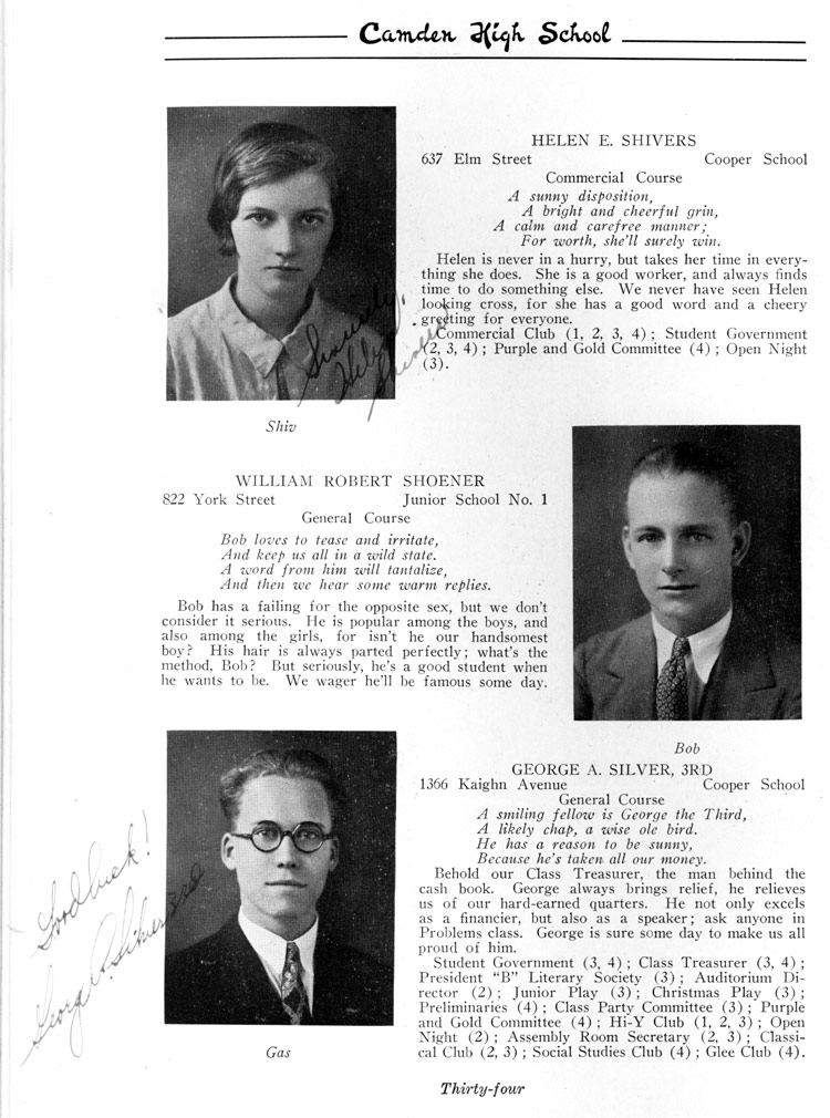 Class portraits page 34: Helen E. Shivers, William Robert Shoener, George A. Silver III