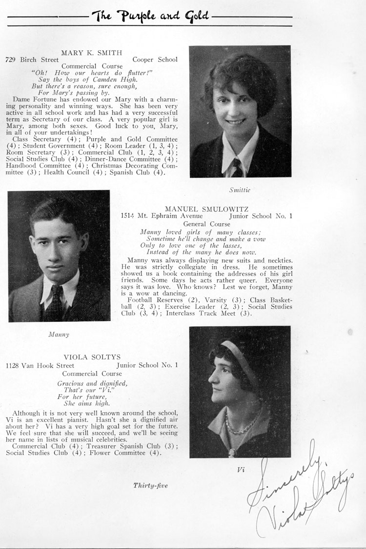 Class portraits page 35: Mary K. Smith, Manuel Smulowitz, Viola Soltys
