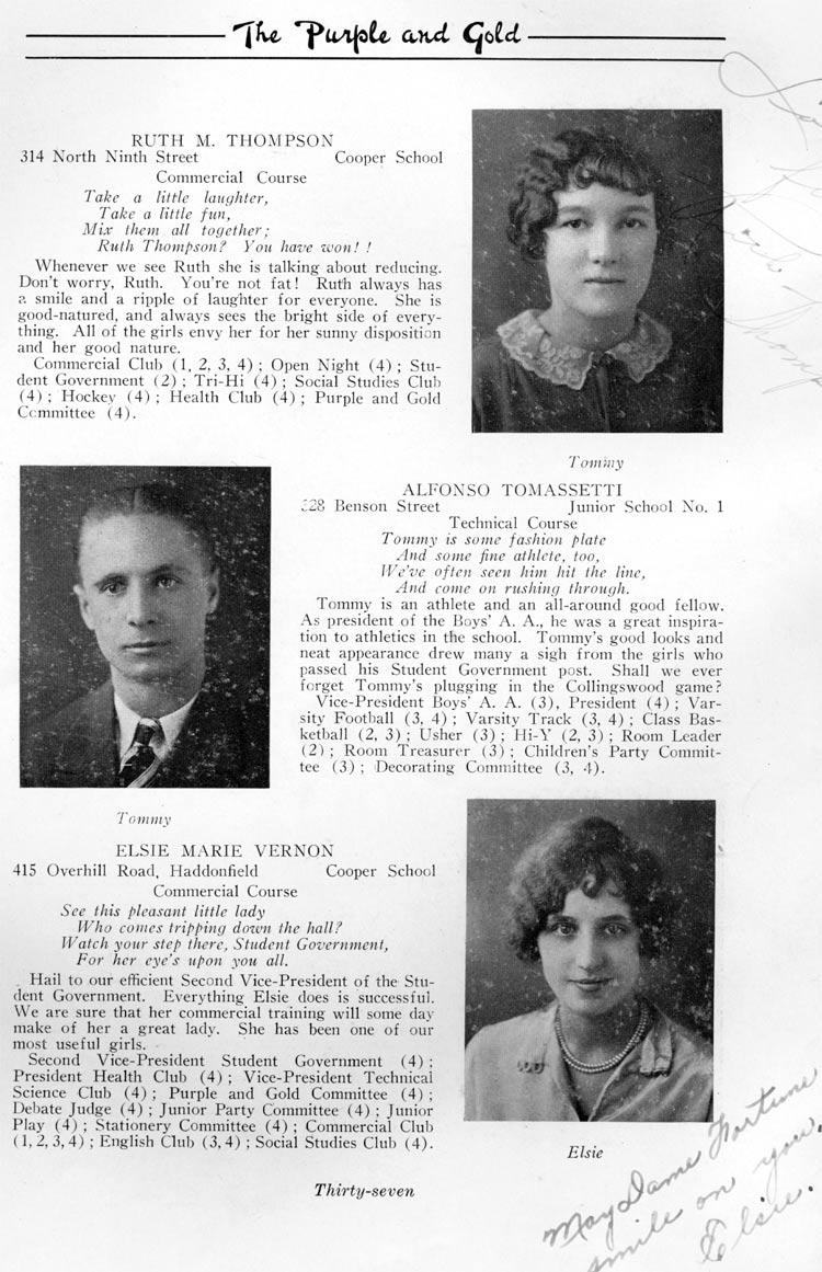 Class portraits page 37: Ruth M. Thompson, Alfonso Tomasetti, Elsie Marie Vernon