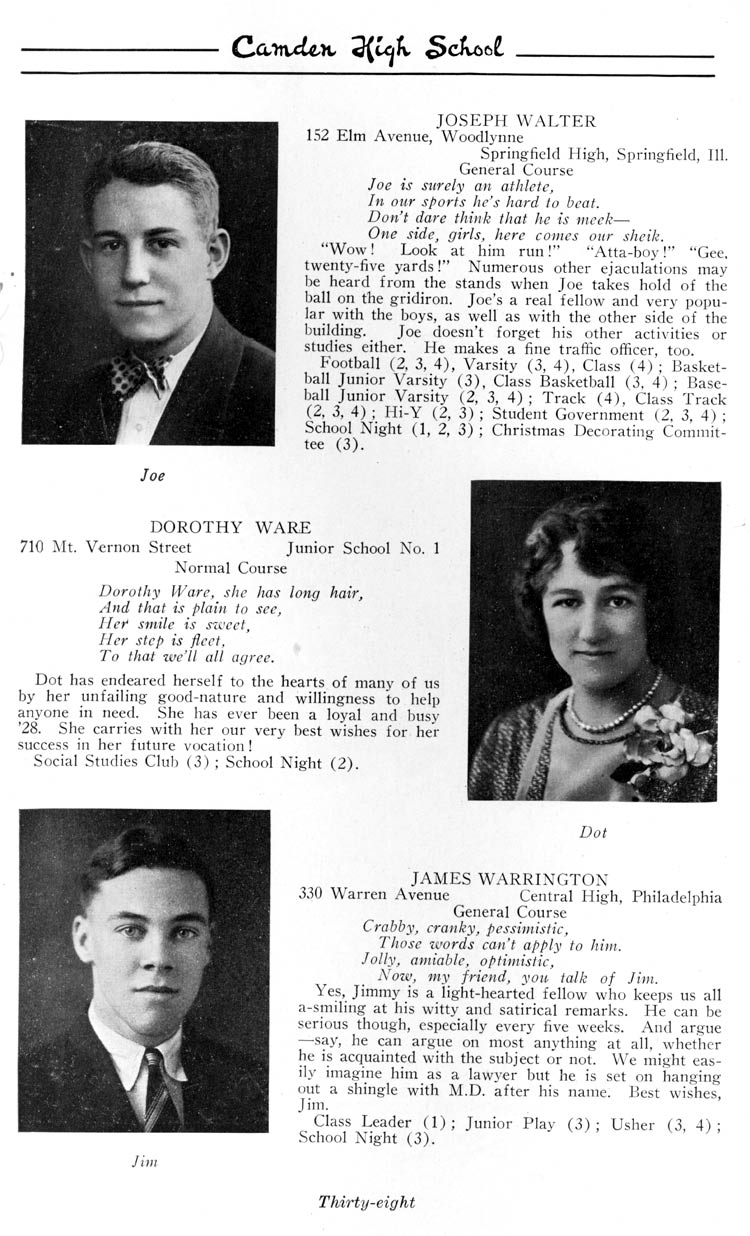 Class portraits page 38: Joseph Walter, Dorothy Ware, James Warrington
