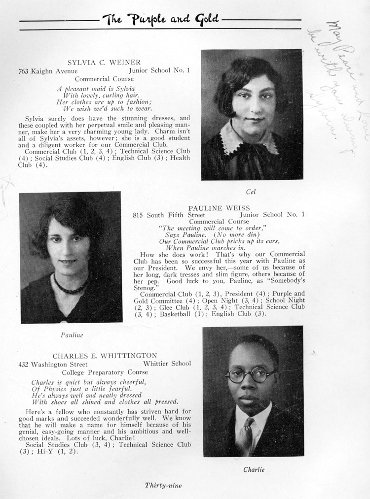 Class portraits page 39: Sylvia C. Weiner, Pauline Weiss, Charles E. Whittington