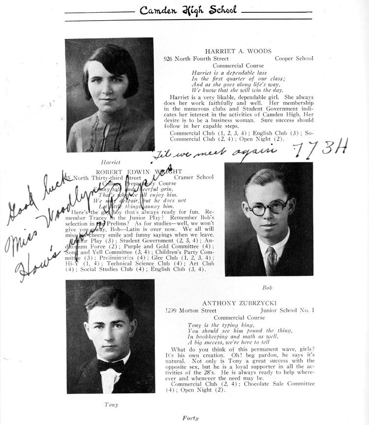 Class portraits page 40: Harriet A. Woods, Robert Edwin Wright, Anthony Zubryzycki