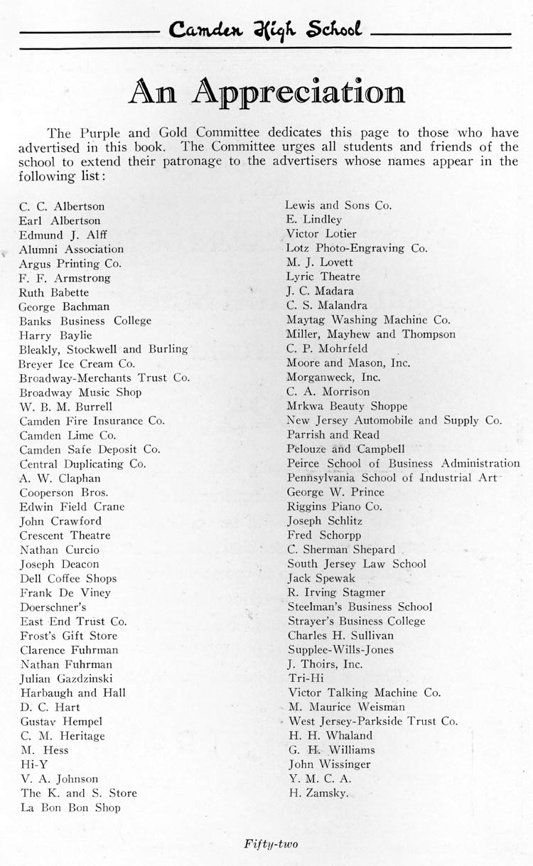 An Appreciation, advertiser dedication page, page 52