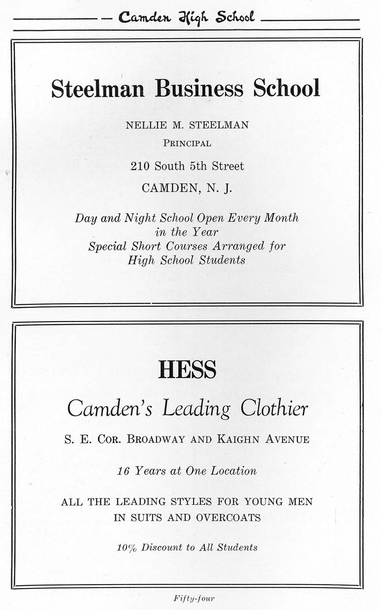 Advertisers page 54: Steelman Business School, Hess Camden's Leading Clothier