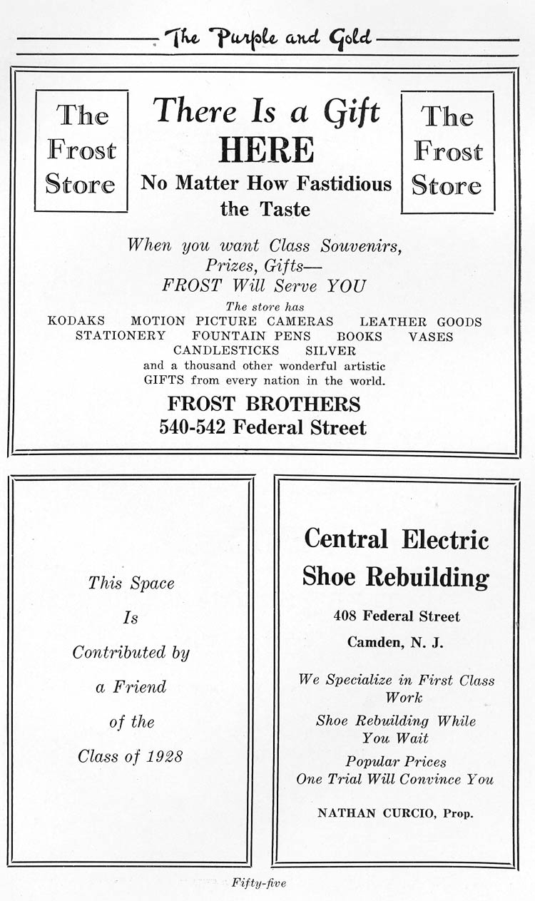 Advertisers page 55: Frost Brothers, Central Electric Shoe Rebuilding
