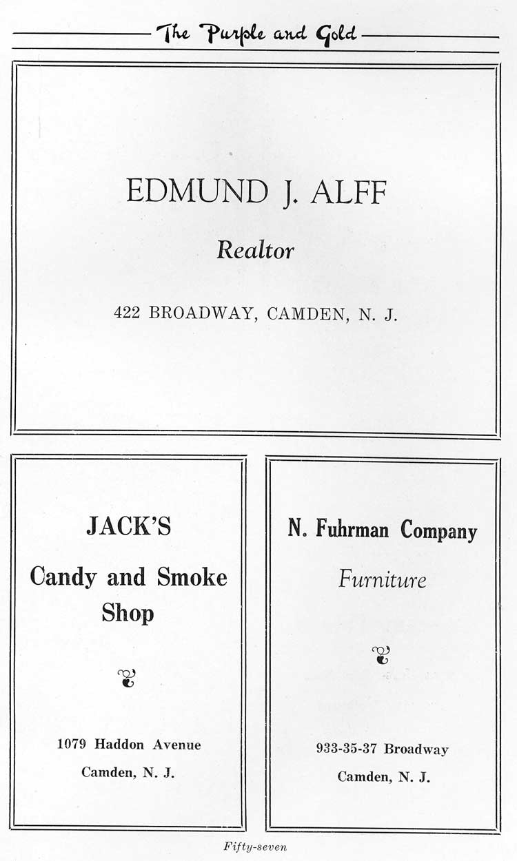 Advertisers page 57: Edmund J. Alff Realtor, Jack's Candy and Smoke Shop