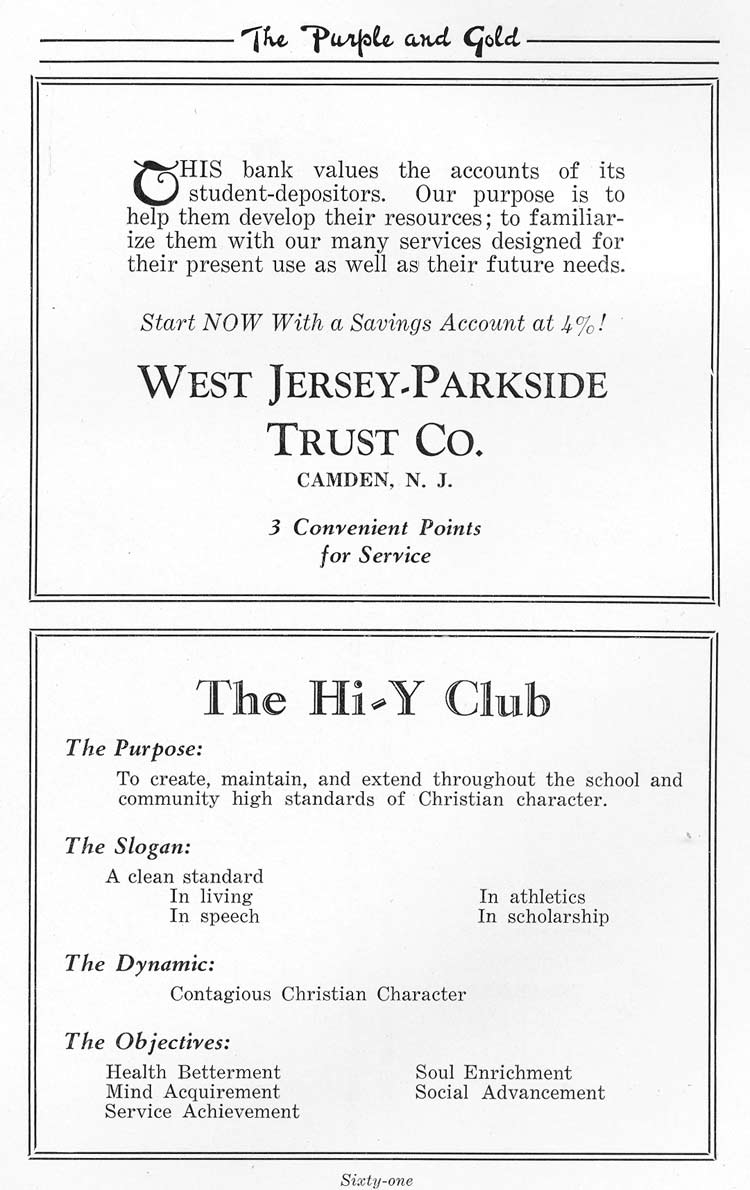 Advertisers page 61: West Jersey-Parkside Trust, Hi-Y Club
