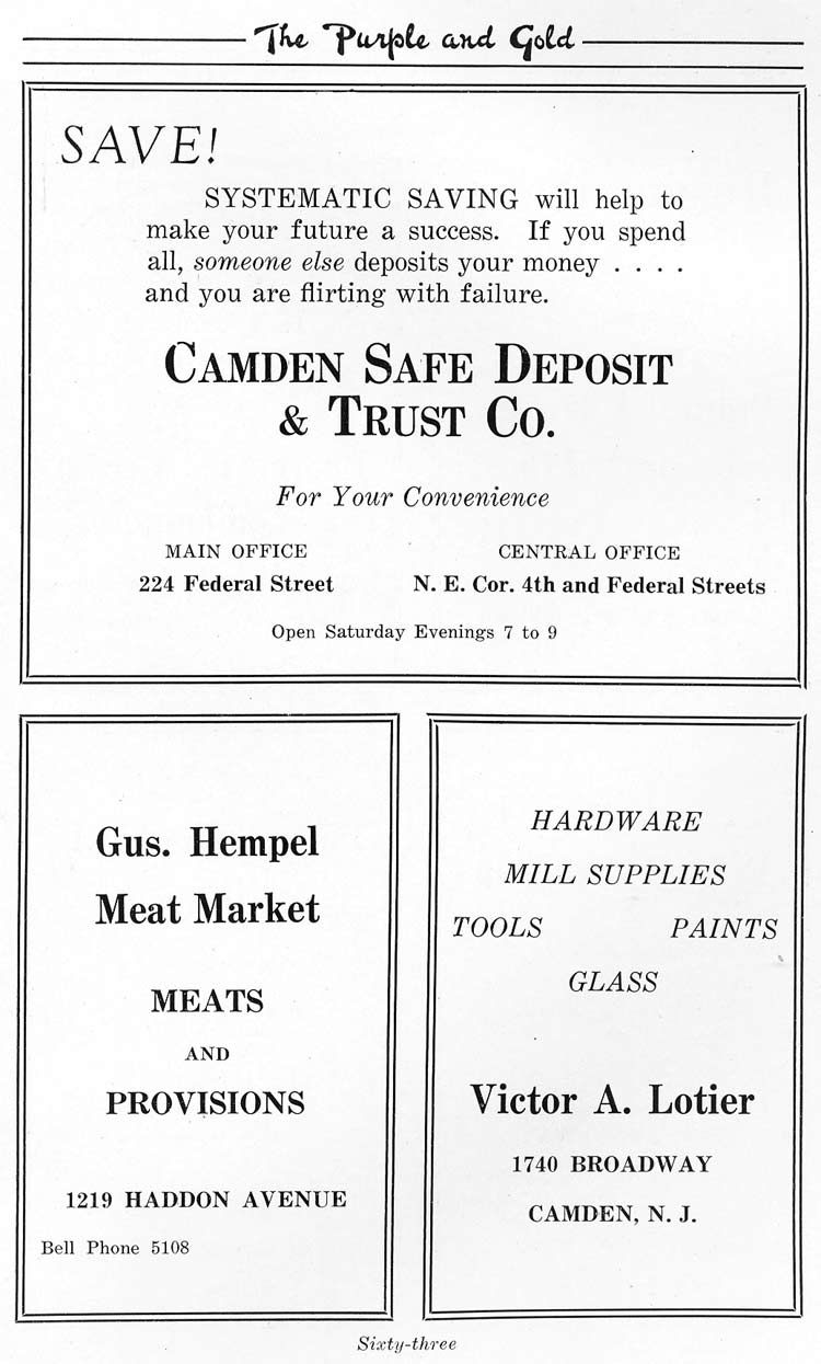 Advertisers page 63: Camden Safe Deposit and Trust Company, Gus Hempel Meat Market, Victor A. Lotier hardware