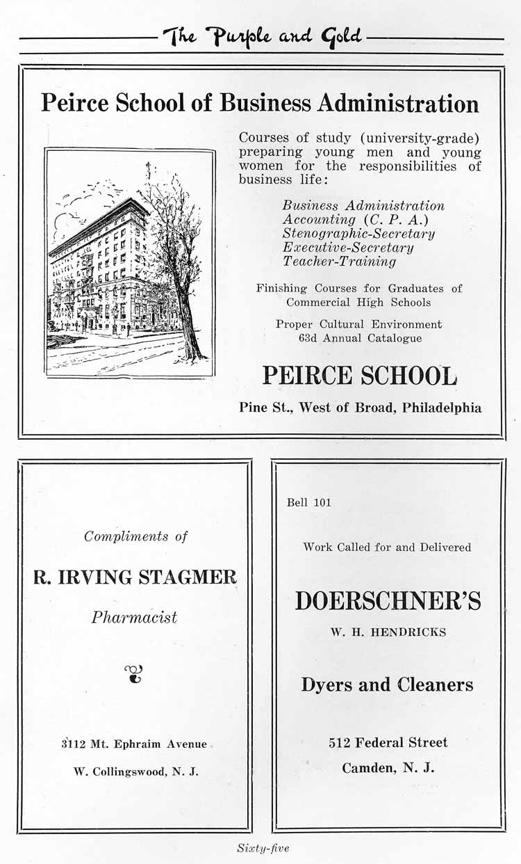 Advertisers page 65: Pierce School, R. Irving Stagner pharmacist, Doerschner's Dyers and Cleaners