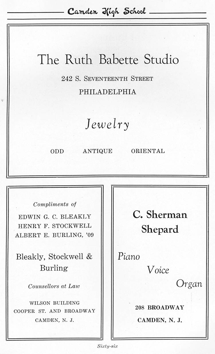 Advertisers page 66: The Ruth Babette Studio, Bleakly Stockwell and Burling, C. Sherman Shepard