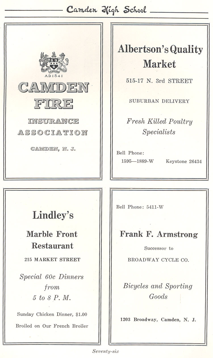 Advertisers page 76: Riggins Piano Company, Fred W. Schorpp, Parrish and Read Inc., Breyer Ice Cream Company