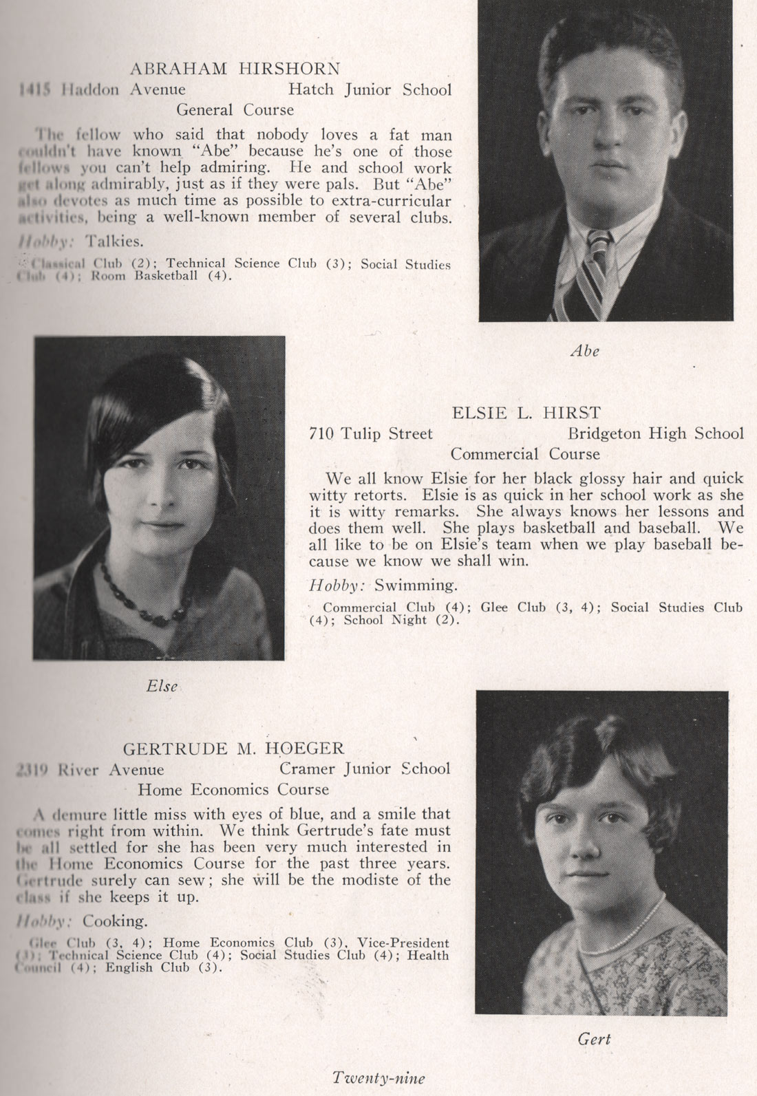 Abraham Hirshorn, Elsie S. Hirst, Gertrude M. Hoeger