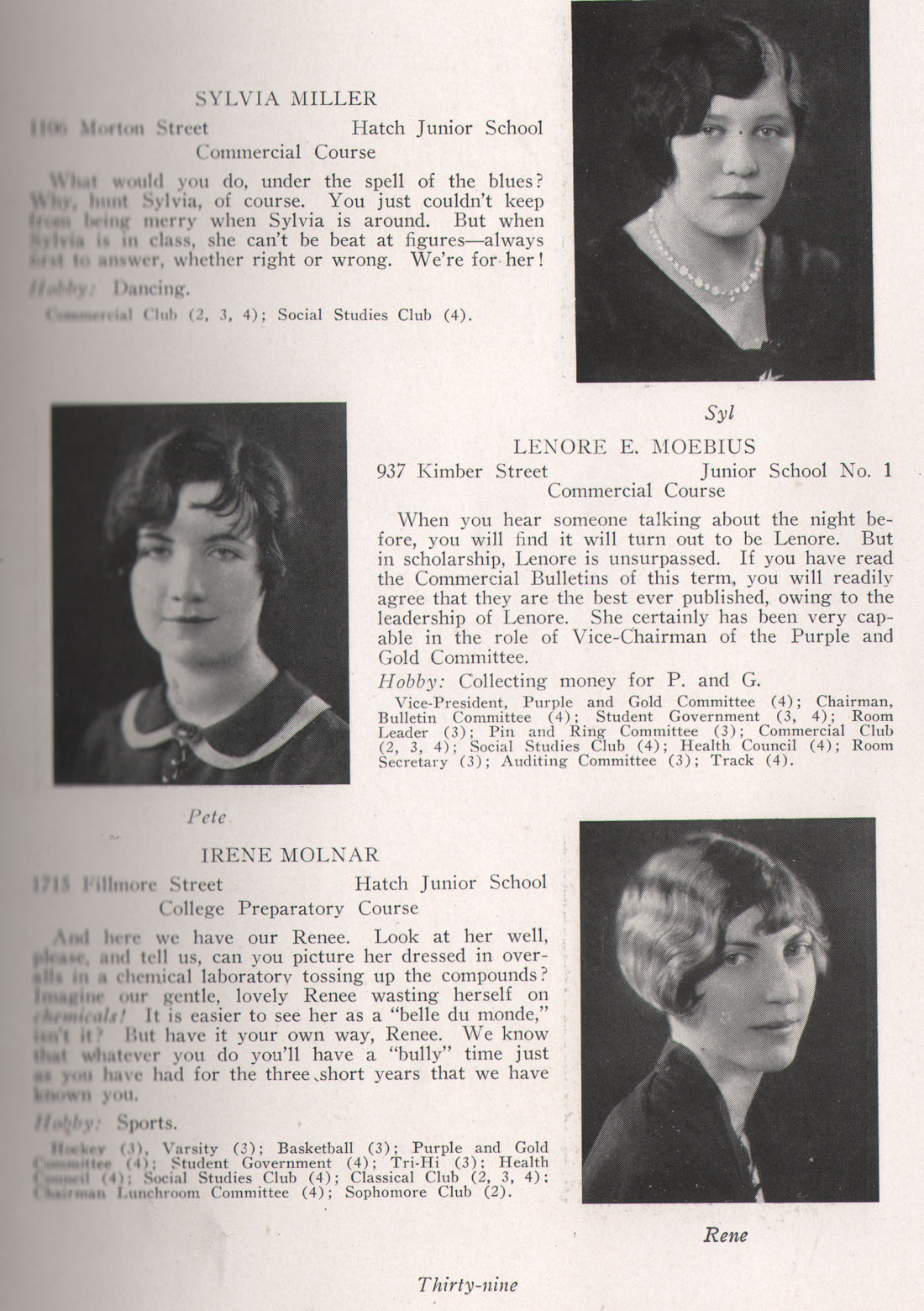 Sylvia Miller, Lenore E. Moebius, Irene Molnar