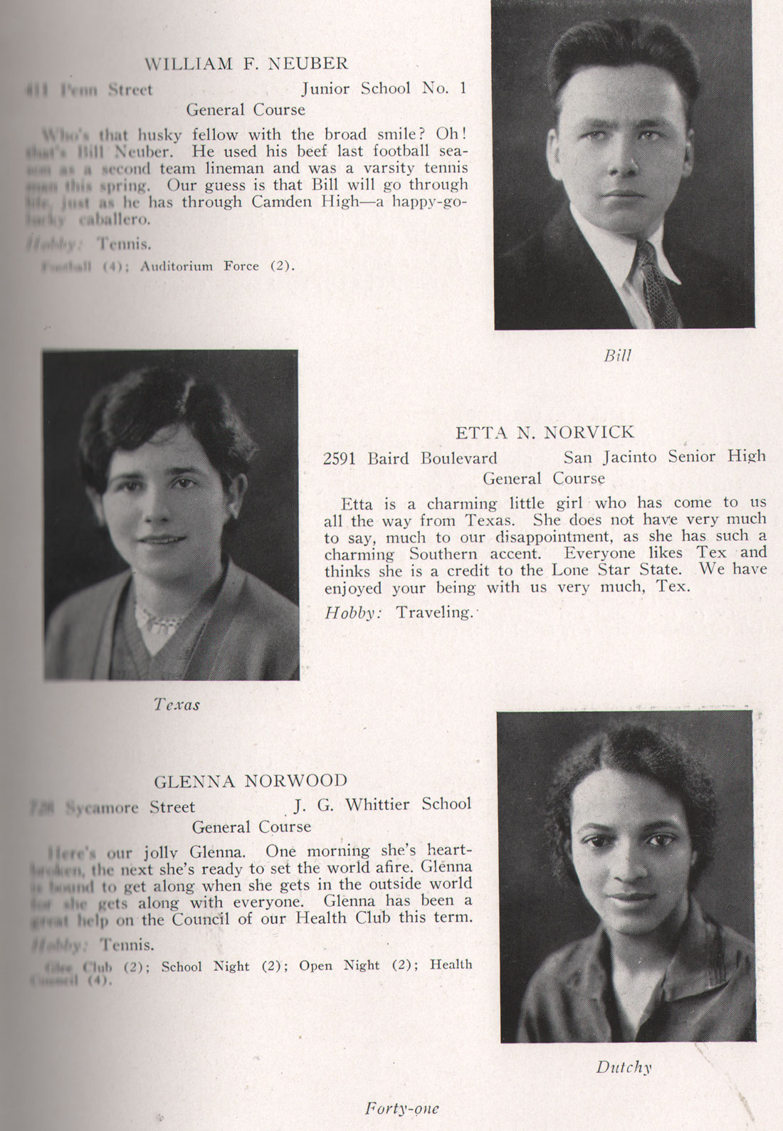 William F. Neuber, Etta N. Norvick, Glenna Norwood