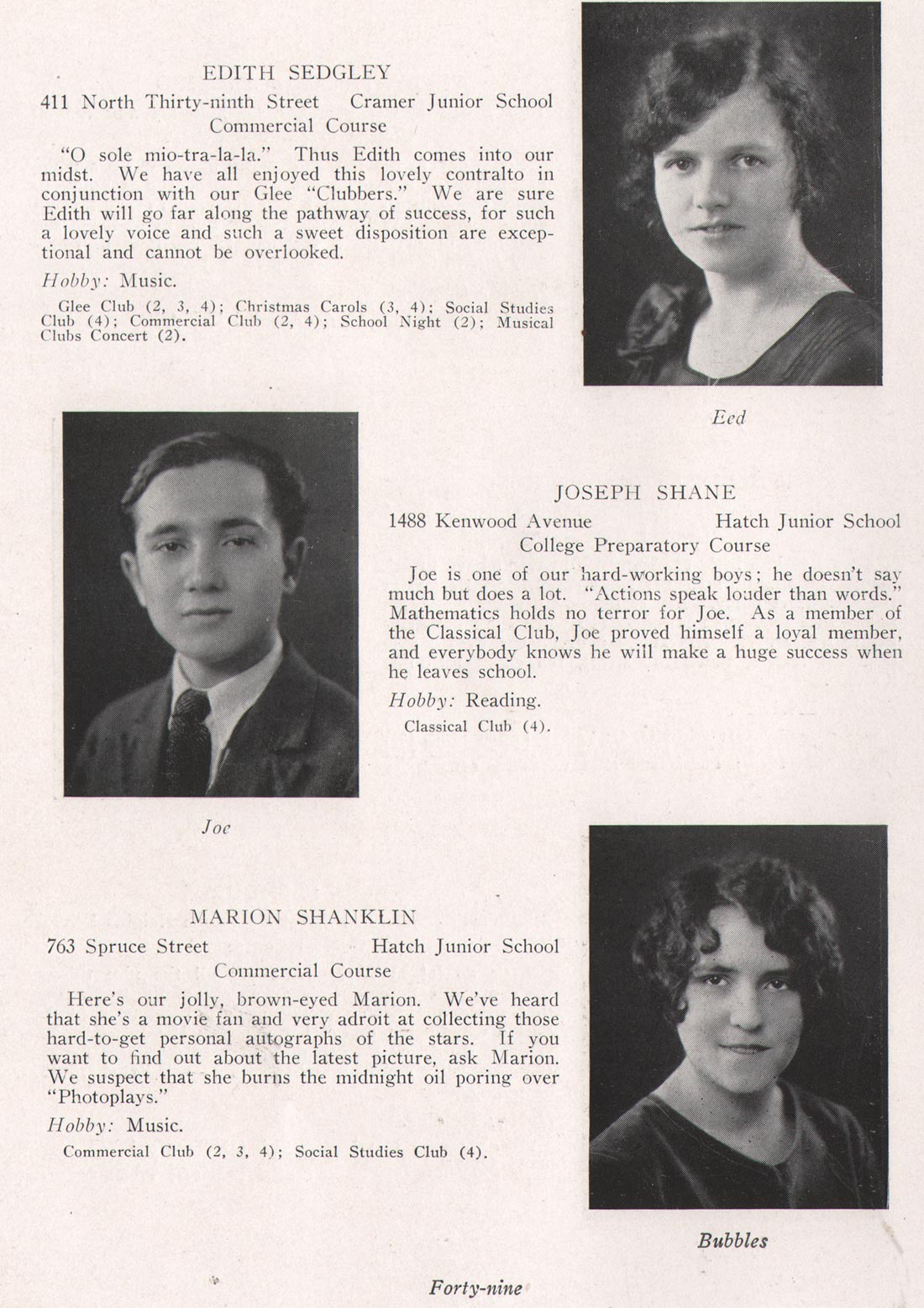 Edith Sedgley, Joseph Shane, Marion Shanklin