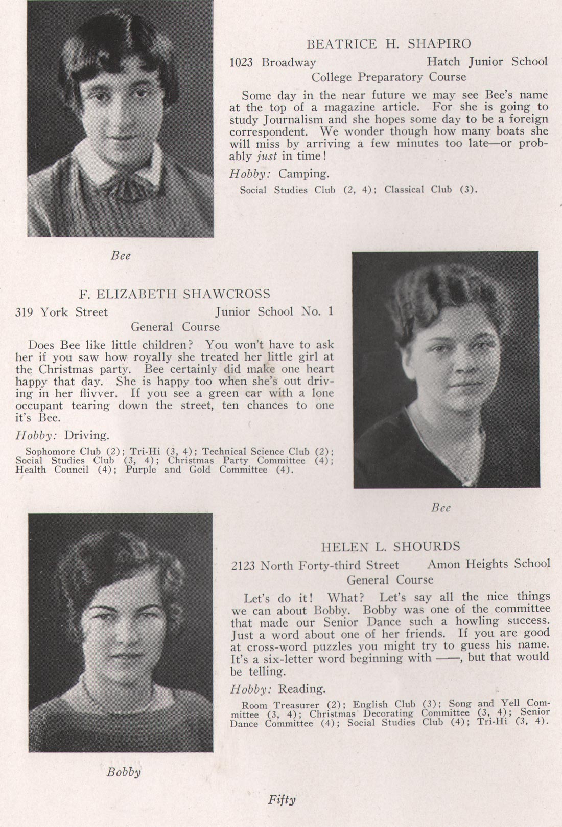 Beatrice H. Shapiro, F. Elizabeth Shawcross, Helen L. Shourds