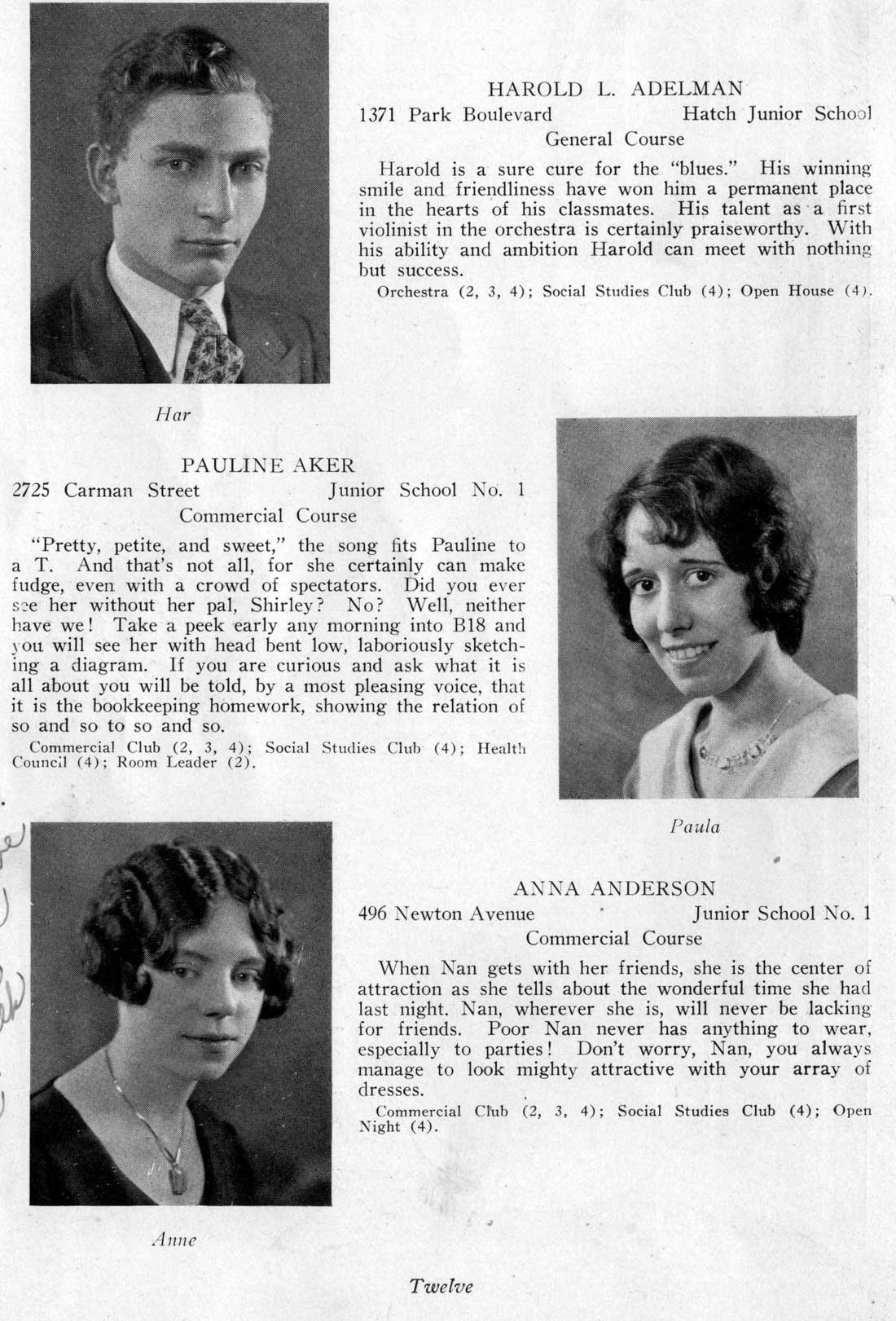 Class portraits: Harold L. Adelman, Pauline Aker, Anna Anderson
